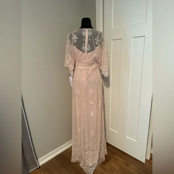 Mac Duggal 9144  V Neck Flounce Sleeve Embellished Mesh Gown in Blush 4 - Picture 4 of 7